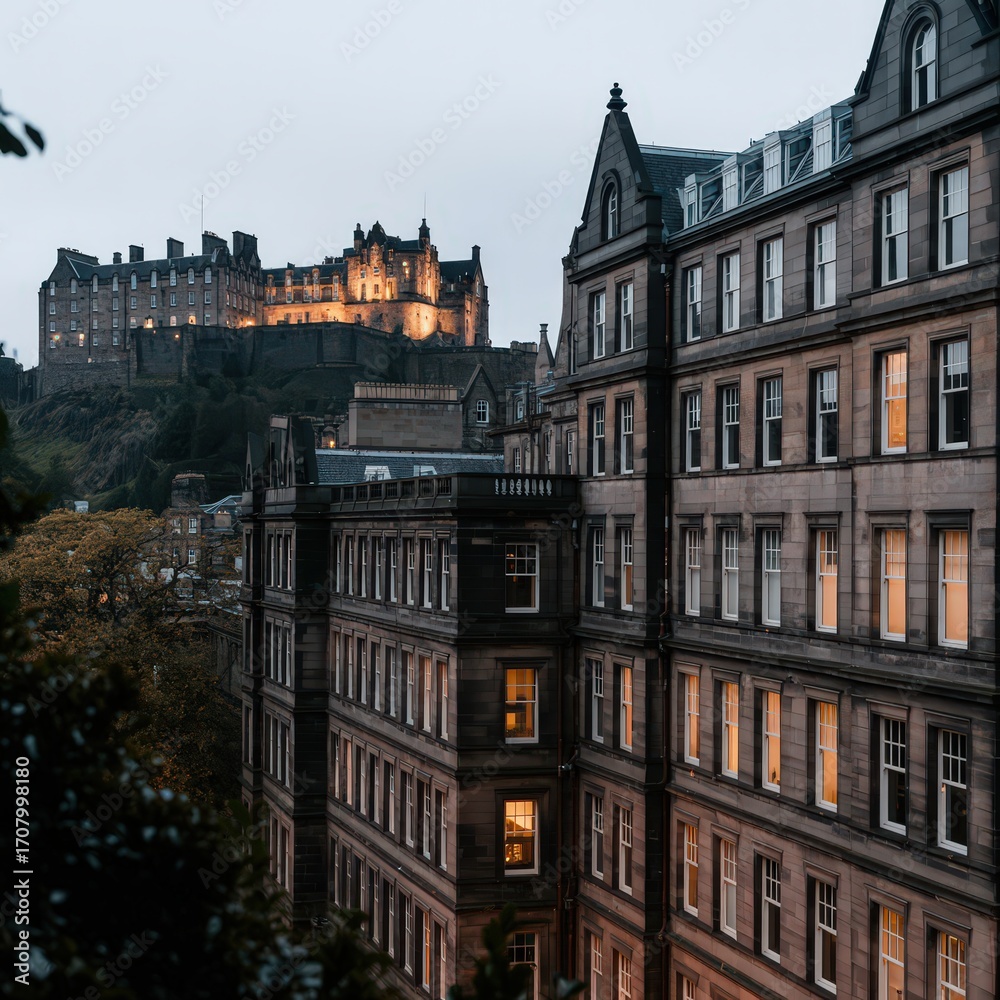 Obraz premium Enchanting Nighttime View of Edinburghs Historic Architecture