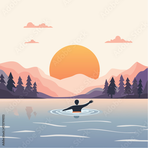 A lone swimmer enjoying a tranquil morning dip in a serene mountain lake during a beautiful sunrise, an escape into nature