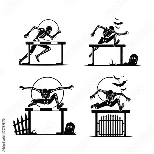 Four black and white graphic illustrations of skeletons hurdling over barriers, with Halloween-themed elements like bats, gravestones, and fences, set against a full moon.