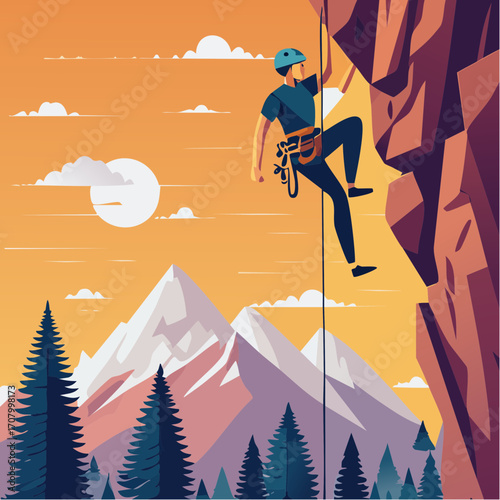 Determined rock climber scaling a sheer mountain cliff during a scenic sunset adventure