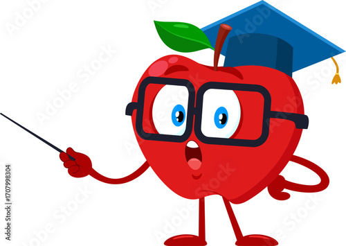 Cute Red Apple Teacher Cartoon Character With Pointer Explaining Lesson - Vector Illustration Flat Design Isolated On Transparent Background
