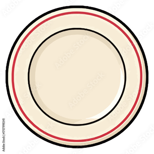 A simple cartoon illustration of a beige round plate with two thin red stripes, kitchen dinnerware icon.