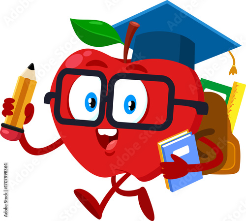 Cute Red Apple Student Cartoon Character With Backpack Holding Pencil and Textbooks - Vector Illustration Flat Design Isolated On Transparent Background