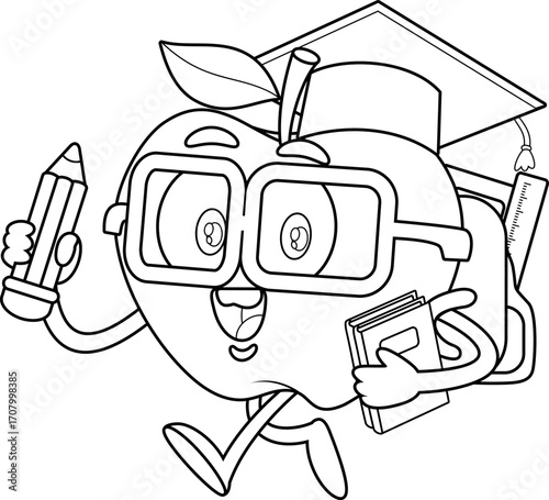 Funny Apple Student Cartoon Character With Backpack, Pencil And Textbooks Going To School – Black and White Vector Hand Drawn Illustration Isolated On Transparent Background