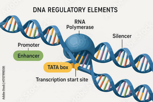 Vector diagram of gene transcription process showing enhancers, silencers, and RNA polymerase interaction, suitable for biology infographics.