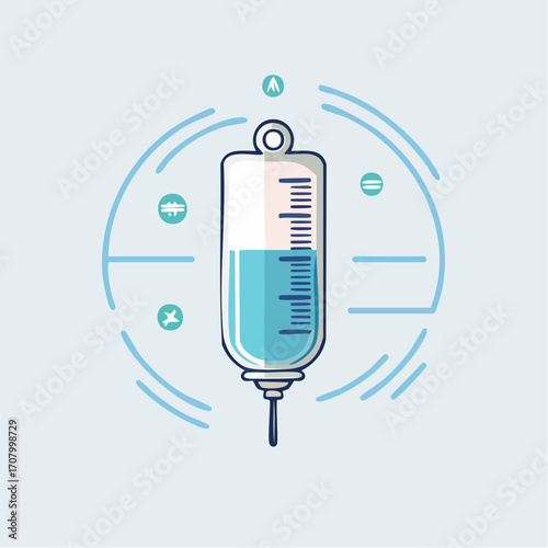 Illustration of an intravenous drip bag with medical and healthcare related design elements