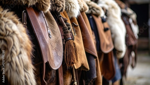 Row of Traditional Fur and Leather Coats Hanging with Intricate Details and Soft Natural Lighting Creating a Rustic Vintage Aesthetic