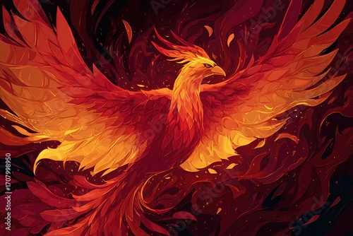Fiery Phoenix Bird Illustration, Mythical Creature Art