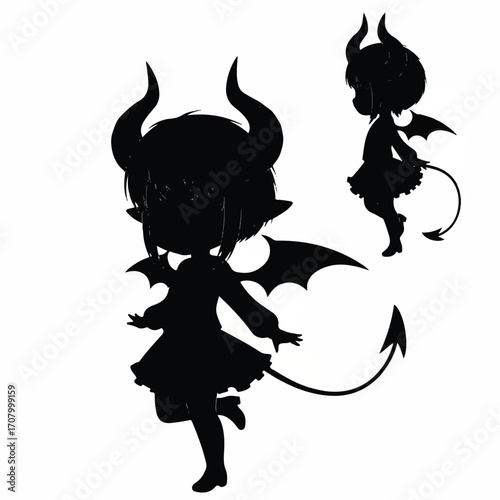 Silhouette of two chibi-style demons with horns and wings, one larger and in the foreground, the other smaller and in the background.