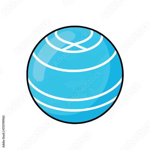 A cartoon illustration of a blue fitness ball with white stripes, a piece of exercise and gym equipment.