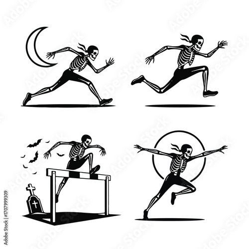 Four black and white illustrations of running skeletons, depicting various athletic poses including sprinting and hurdling, with a spooky or Halloween theme.