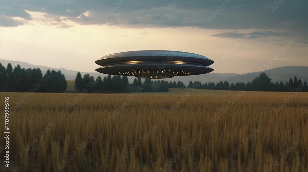 Fototapeta premium UFO hovering over a golden field at sunset
