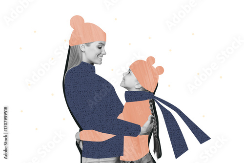 mother and daughter embrace, orange hats, blue clip art preview