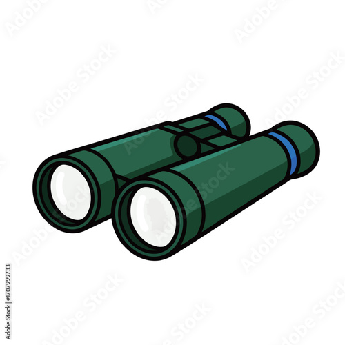A cartoon illustration of green binoculars with blue accents, a tool for observation and nature viewing.
