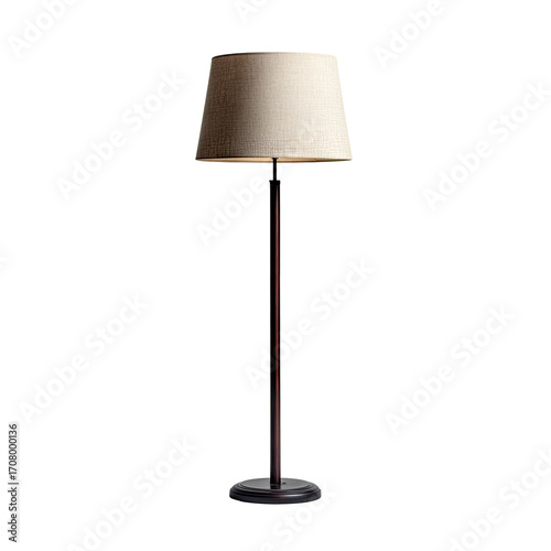 Cream-colored lampshade on a dark brown stand