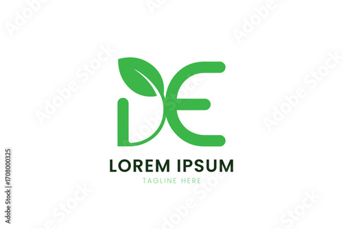 Minimalist green leaf logo design with de letters and placeholder text