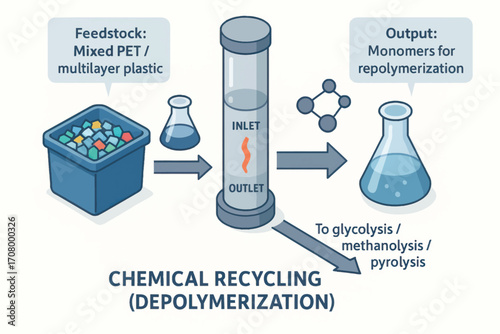 Vector infographic showing chemical recycling process with reactor and input-output flow for plastic monomer recovery and sustainable reuse.