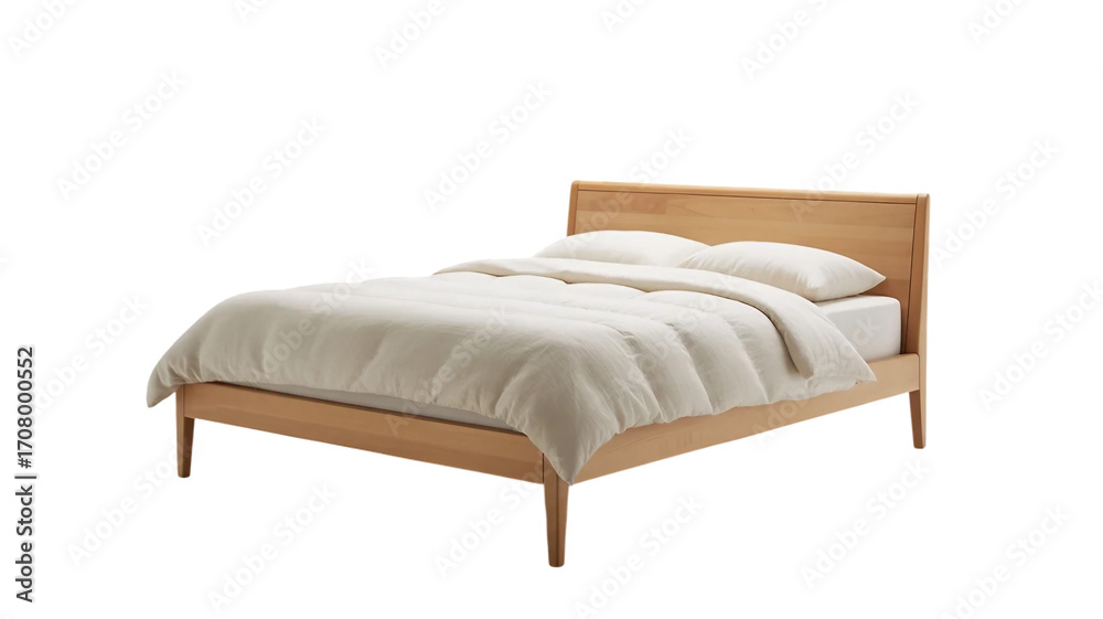 Obraz premium Cozy and luxurious, a comfortable double bed with a white comforter and pillows awaits in a modern bedroom interior