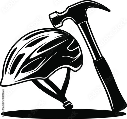 a bicycle helmet playfully bit by a hammer