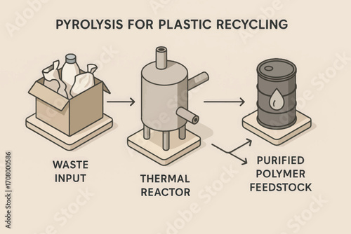 Vector illustration of plastic waste pyrolysis showing thermal reactor process for converting plastic into oil and polymer feedstock.