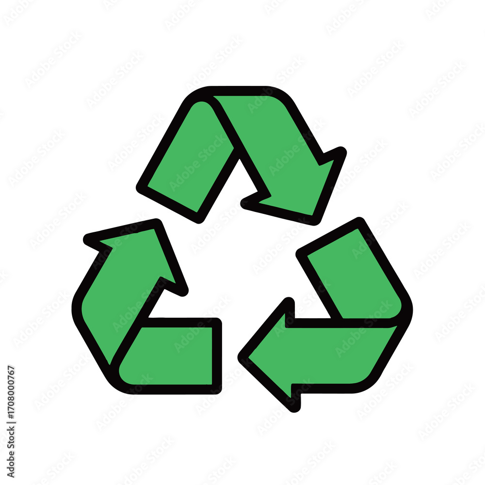 Obraz premium A simple cartoon illustration of the green recycling symbol, representing environmental protection and sustainability.