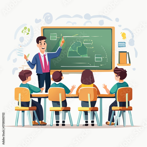 Minimalist flat design illustration portraying a male teacher actively instructing young students in a bright classroom, utilizing a chalkboard for an engaging lesson