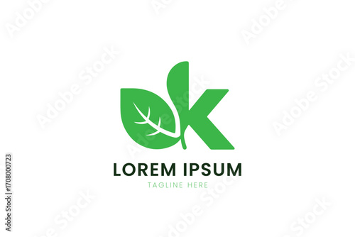 Minimalist green leaf and letter k logo design for eco-friendly brands
