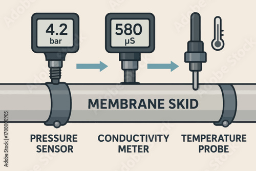 Vector diagram of membrane skid with sensors monitoring pressure, conductivity and temperature in water treatment systems.