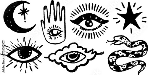Mystical blackwork objects featuring moon, eye, star, and snake for boho design