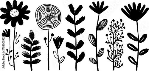 Abstract blossoms collection with spiral buds and melting flower stems for artistic designs