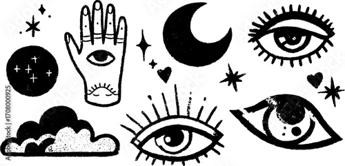 Mystical blackwork illustrations featuring hands, eyes, and celestial elements