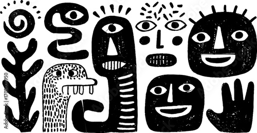 Abstract fragmented figures with elongated forms in blackwork style