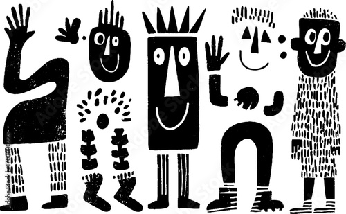 Abstract minimalist figures with bending arms and textured torsos