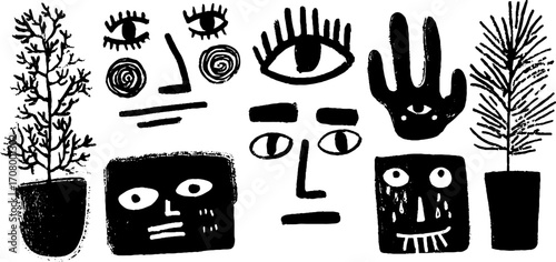 Abstract face collection with dual expressions and botanical elements for creative design
