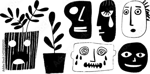 Abstract faces and masks collection with two mouths and varied expressions