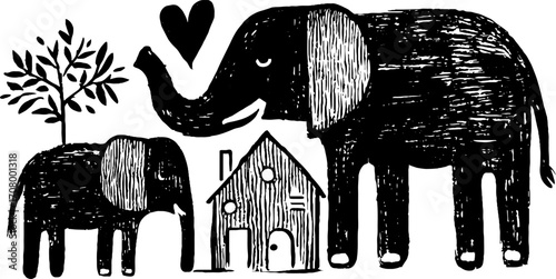 Charming animal family silhouette with elephant and house in rustic style