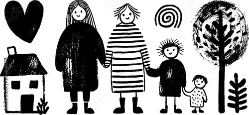 Abstract family artwork with parent and child silhouettes in rustic style