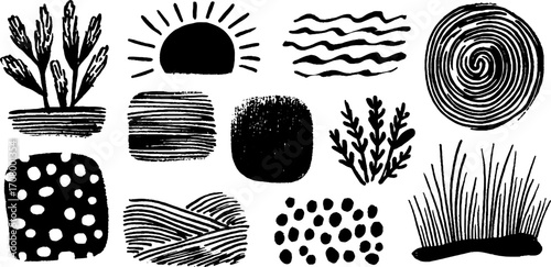 Abstract nature elements with striped crops and spiral sun for design and decor