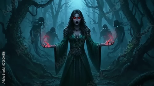 Mysterious Sorceress in Enchanted Forest at Dusk