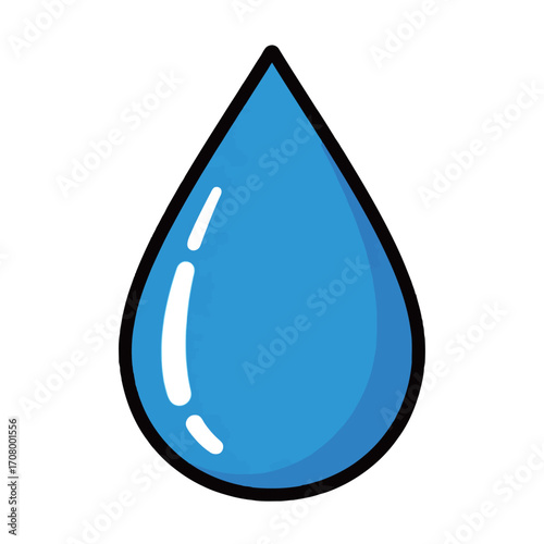A simple cartoon illustration of a blue water drop, a symbol for liquid, purity, and environmental conservation.