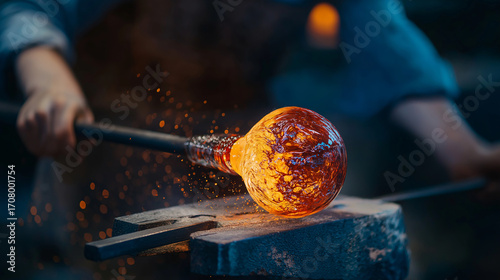 Glassblower Shaping Molten Glass with Orange Glow
