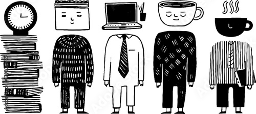 Abstract office figures with clock heads and coffee mugs – creative workspace concept for design