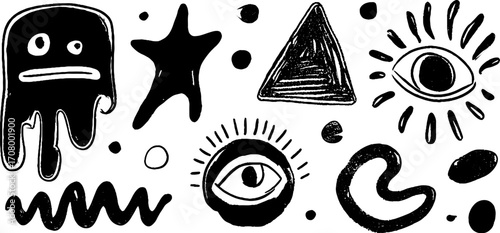 Quirky abstract shapes collection with melted blob, wobbly triangle, and eye elements for creative design