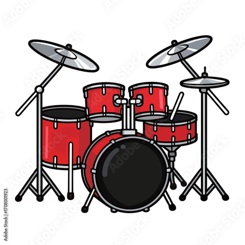 A red and black cartoon drum kit illustration with a bass drum, snare, toms, and cymbals, a musical instrument.