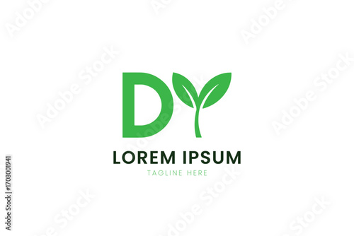 Minimalist green dy logo with sprouting leaf element and placeholder text