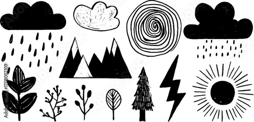 Abstract weather and nature elements with clouds, rain, trees, and sun for creative design