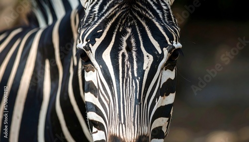 Zebra's face features striking black and white stripes, intense gaze