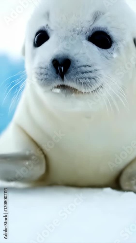 Harp seal pup crawling in snow with distant glaciers background