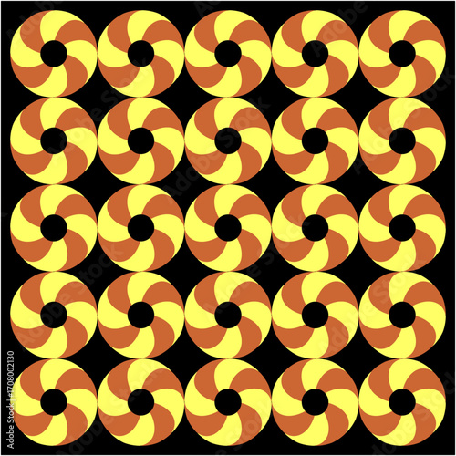 Repeating circular spirals in yellow and brown create a mesmerizing pinwheel pattern, radiating motion, balance, and hypnotic rhythm across endless symmetry.