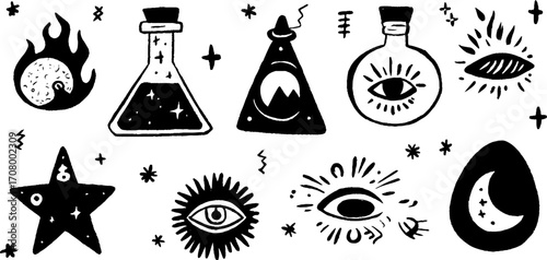 Mystical alchemy symbols set featuring sulfur, mercury, salt for spiritual and esoteric design
